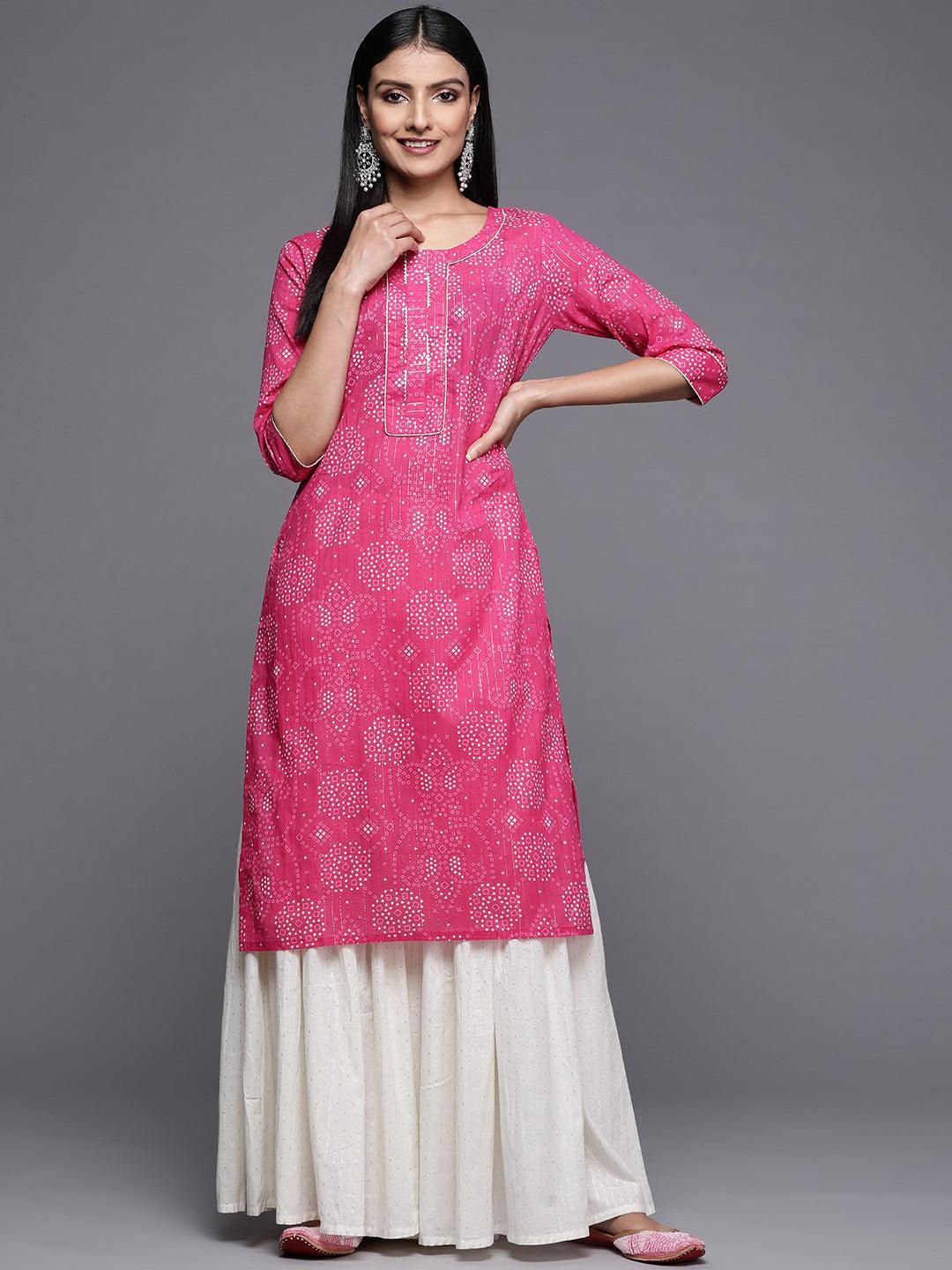 Pink Printed Cotton Straight Kurta