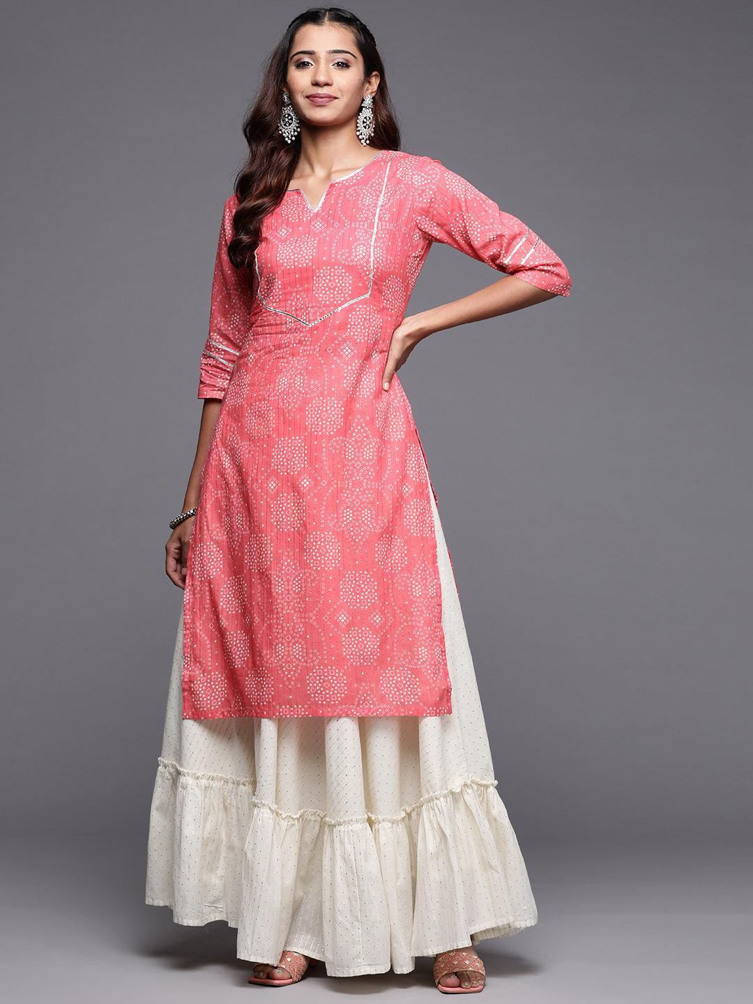 Pink Printed Cotton Straight Kurta - Libas