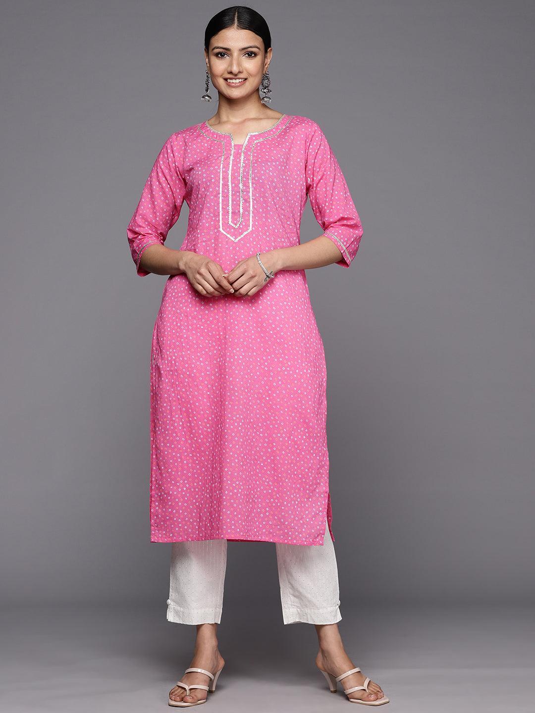 Pink Printed Cotton Straight Kurta