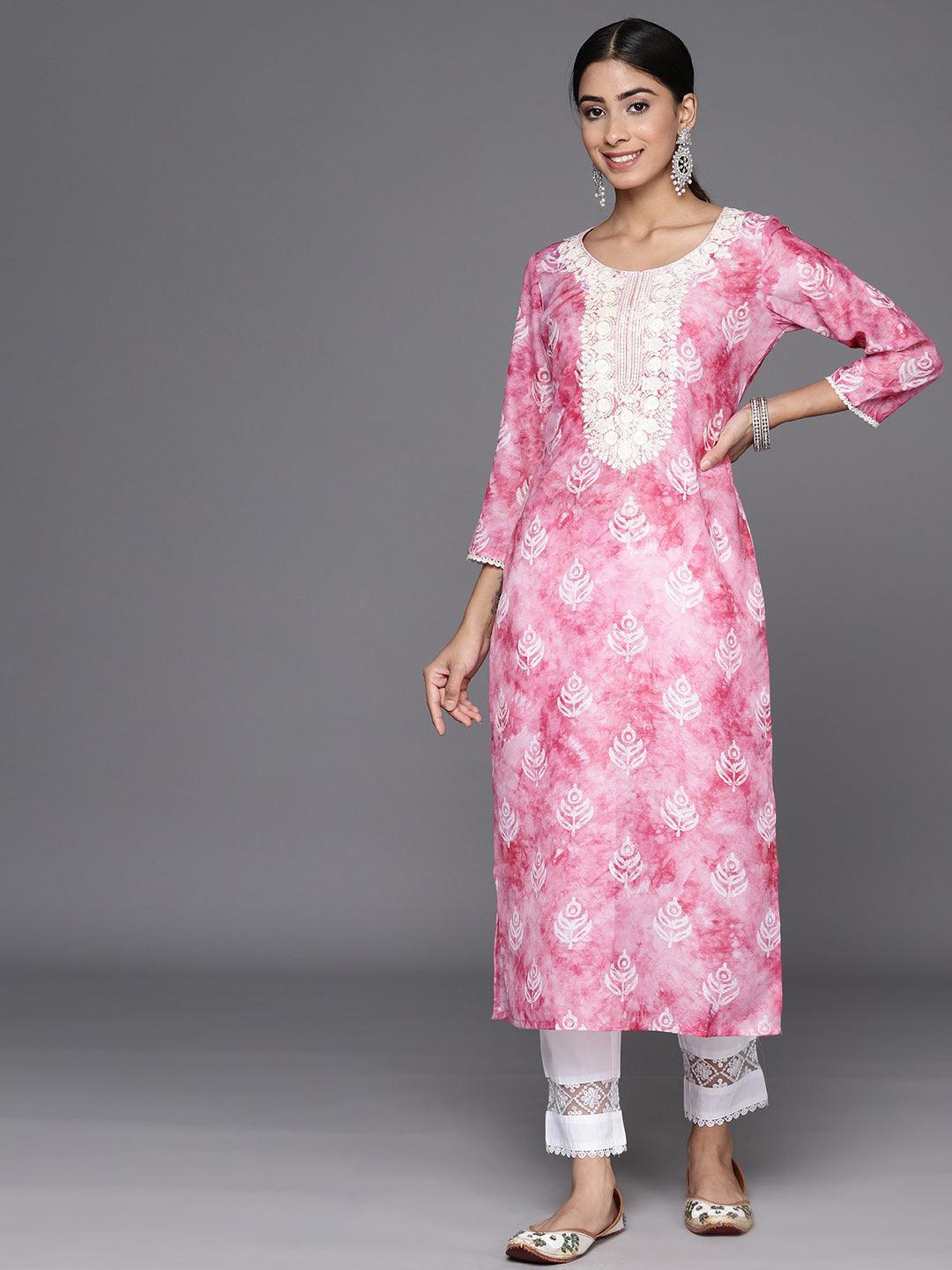 Pink Printed Cotton Straight Kurta