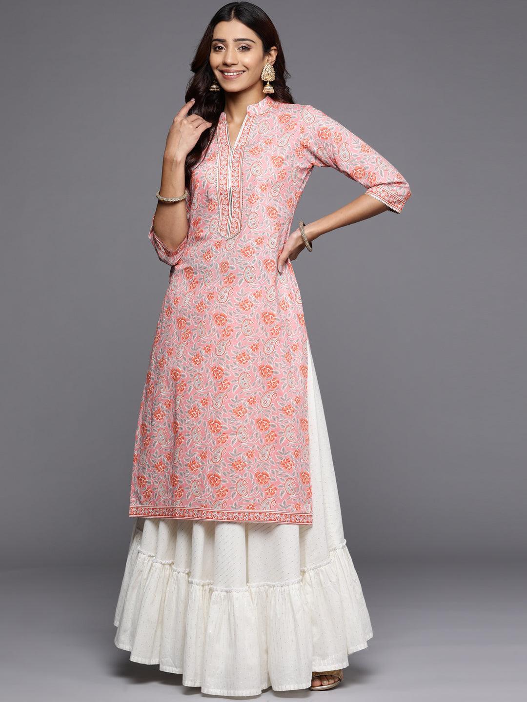 Pink Printed Cotton Straight Kurta