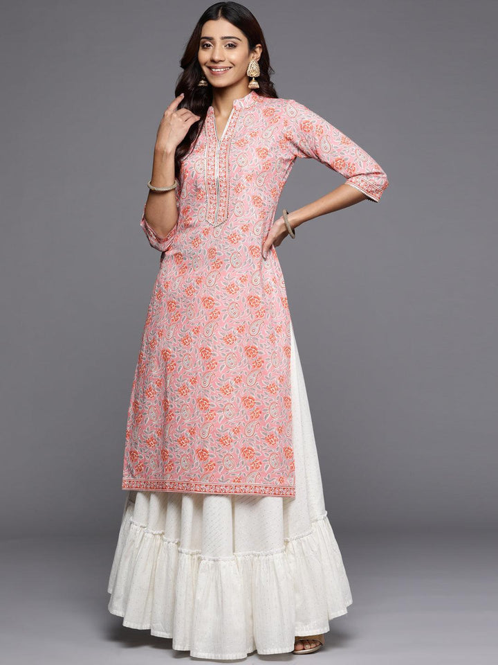 Pink Printed Cotton Straight Kurta - ShopLibas