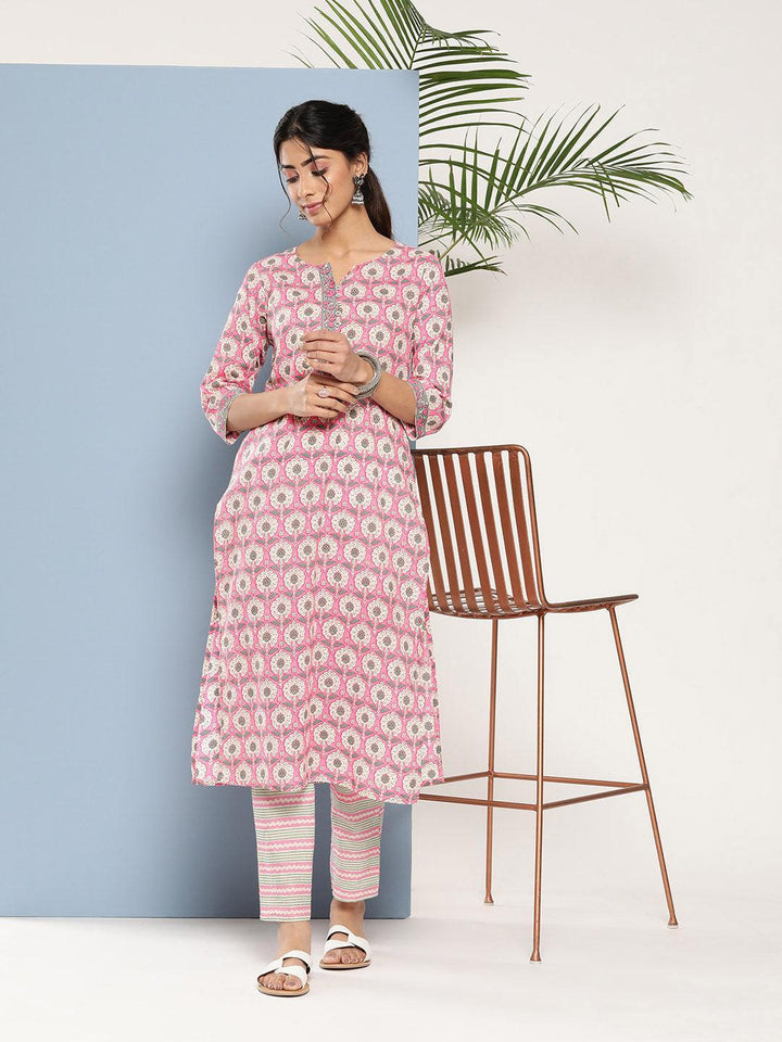 Pink Printed Cotton Straight Kurta - ShopLibas