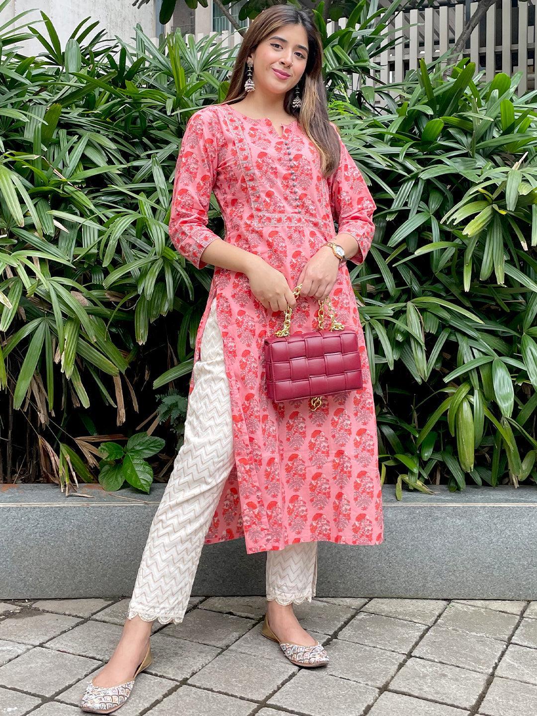 Pink Printed Cotton Straight Kurta