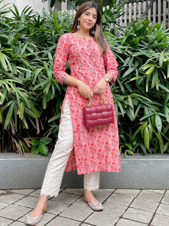 Pink Printed Cotton Straight Kurta - ShopLibas