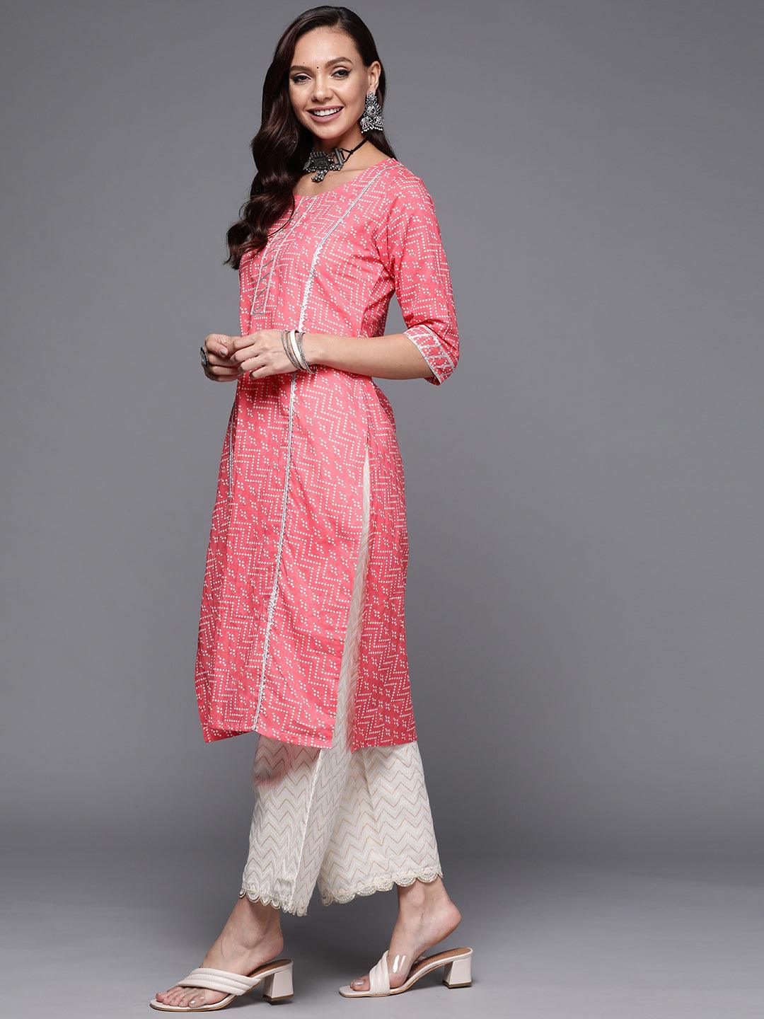 Pink Printed Cotton Straight Kurta