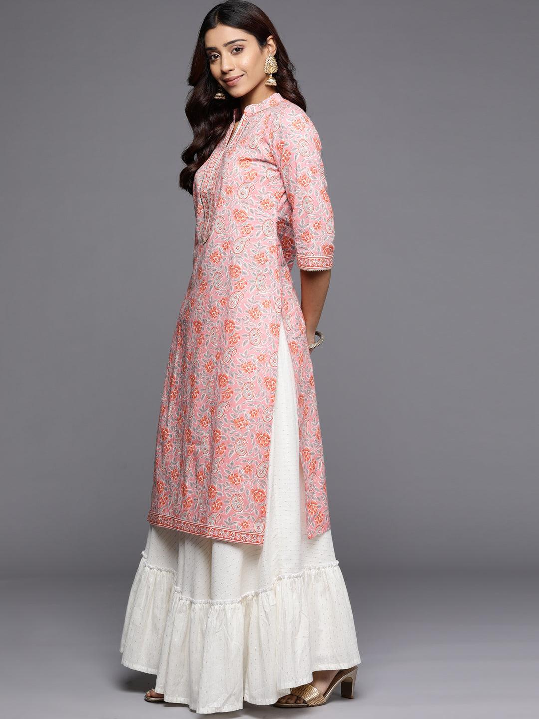 Pink Printed Cotton Straight Kurta