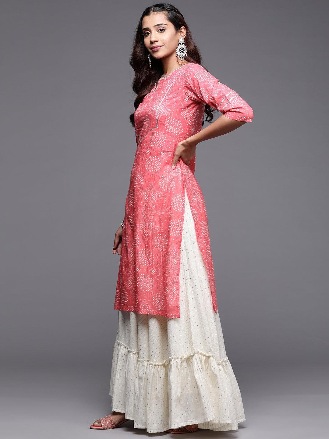 Pink Printed Cotton Straight Kurta - Libas