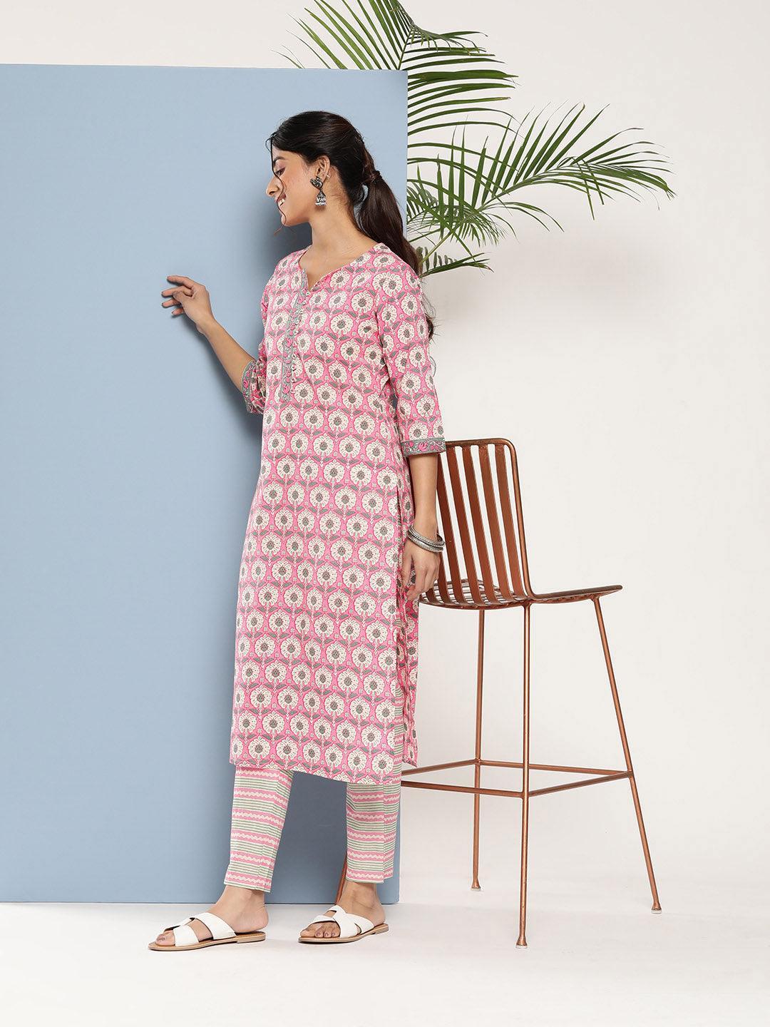 Pink Printed Cotton Straight Kurta - ShopLibas