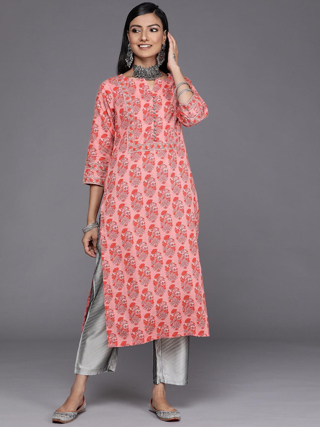 Pink Printed Cotton Straight Kurta