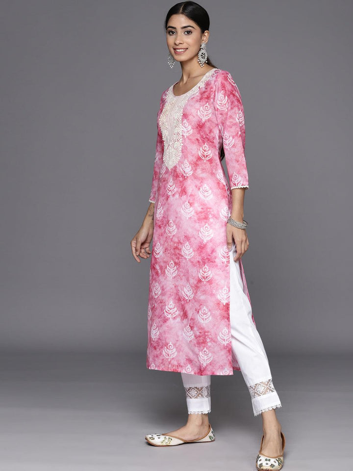 Pink Printed Cotton Straight Kurta - Libas