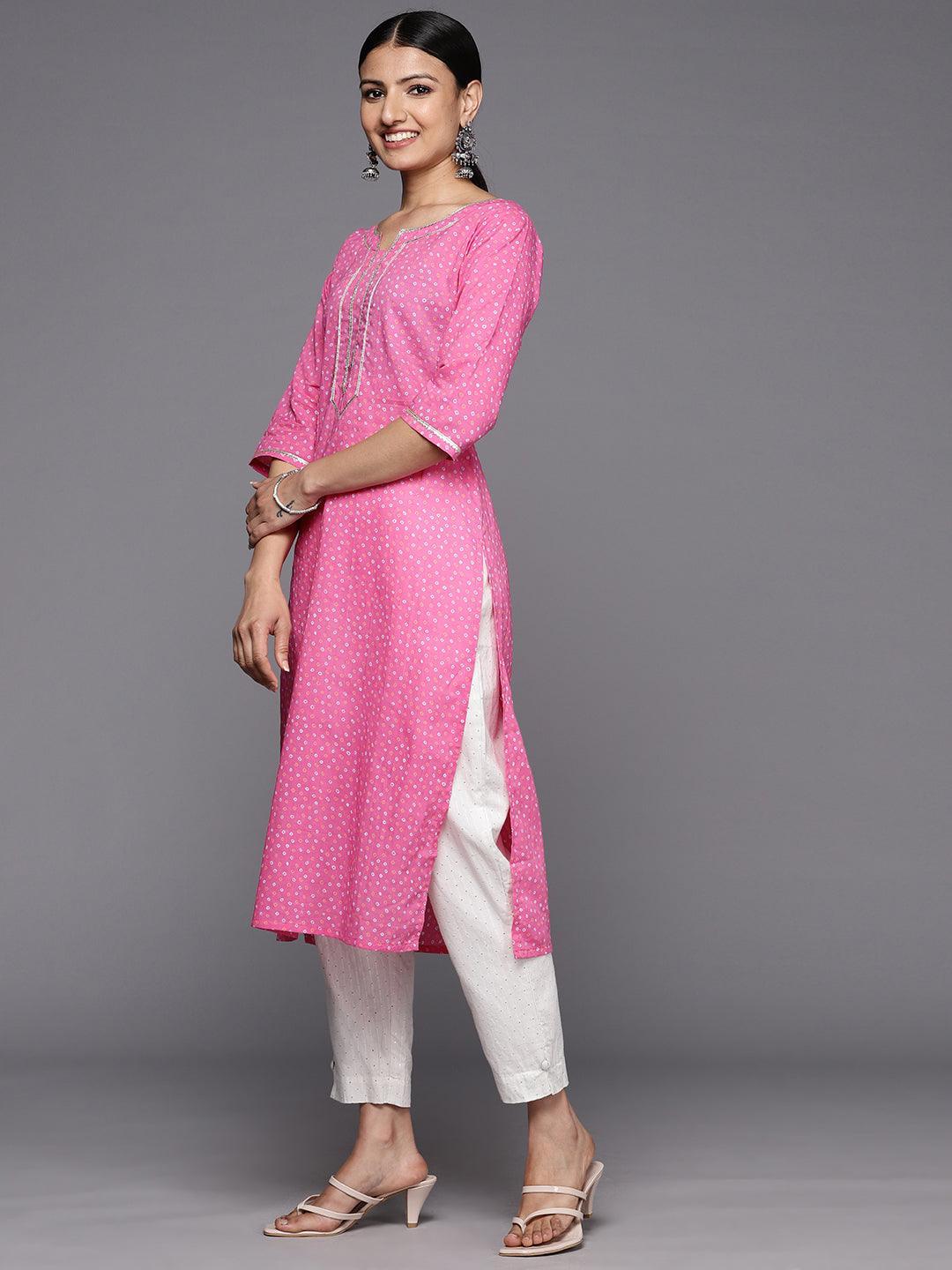 Pink Printed Cotton Straight Kurta