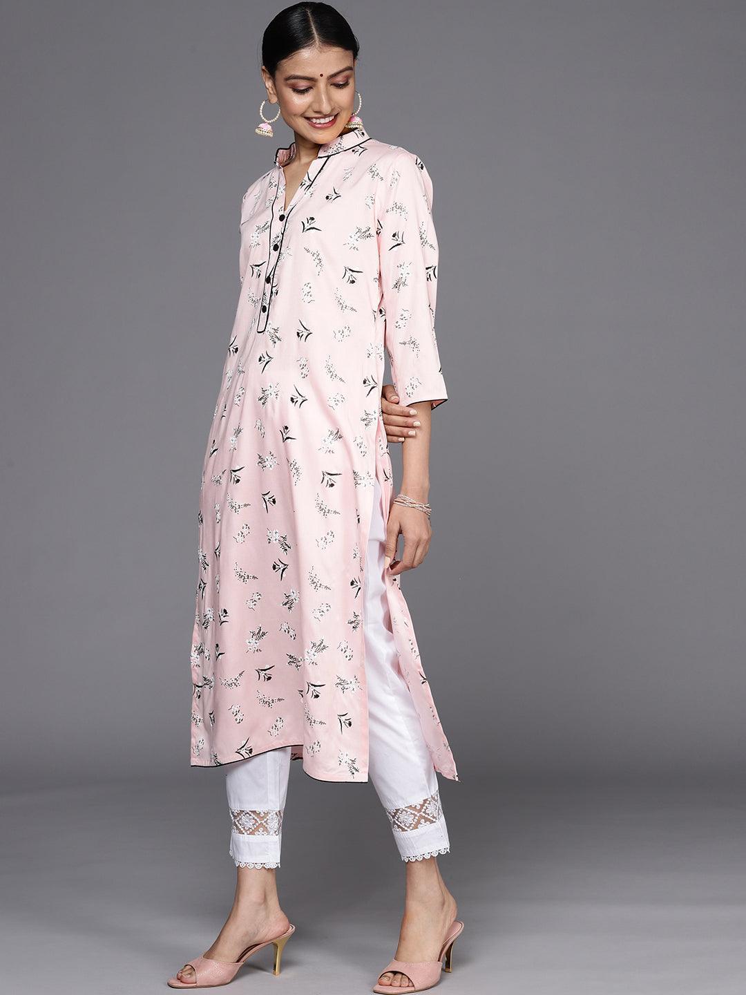 Pink Printed Cotton Straight Kurta