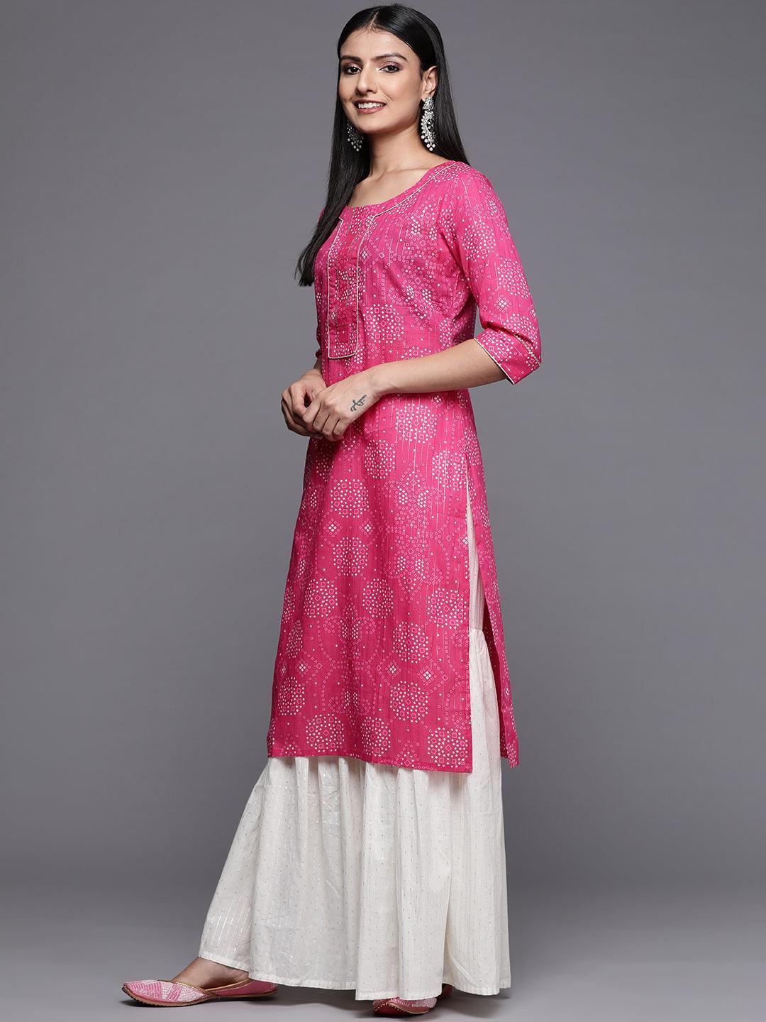 Pink Printed Cotton Straight Kurta