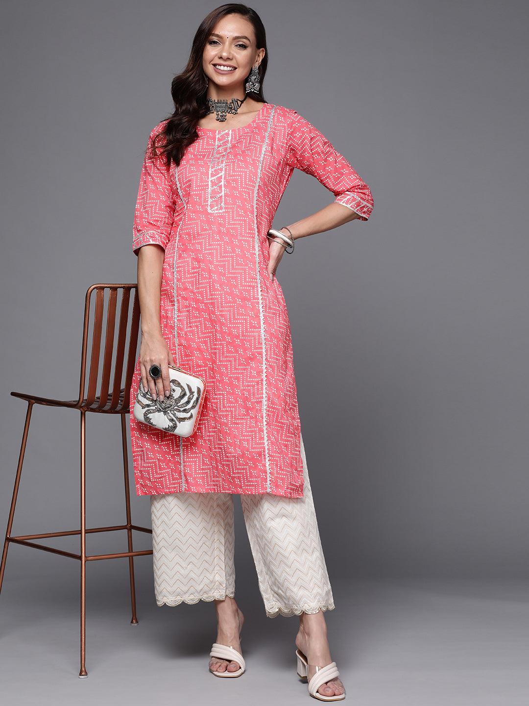 Pink Printed Cotton Straight Kurta