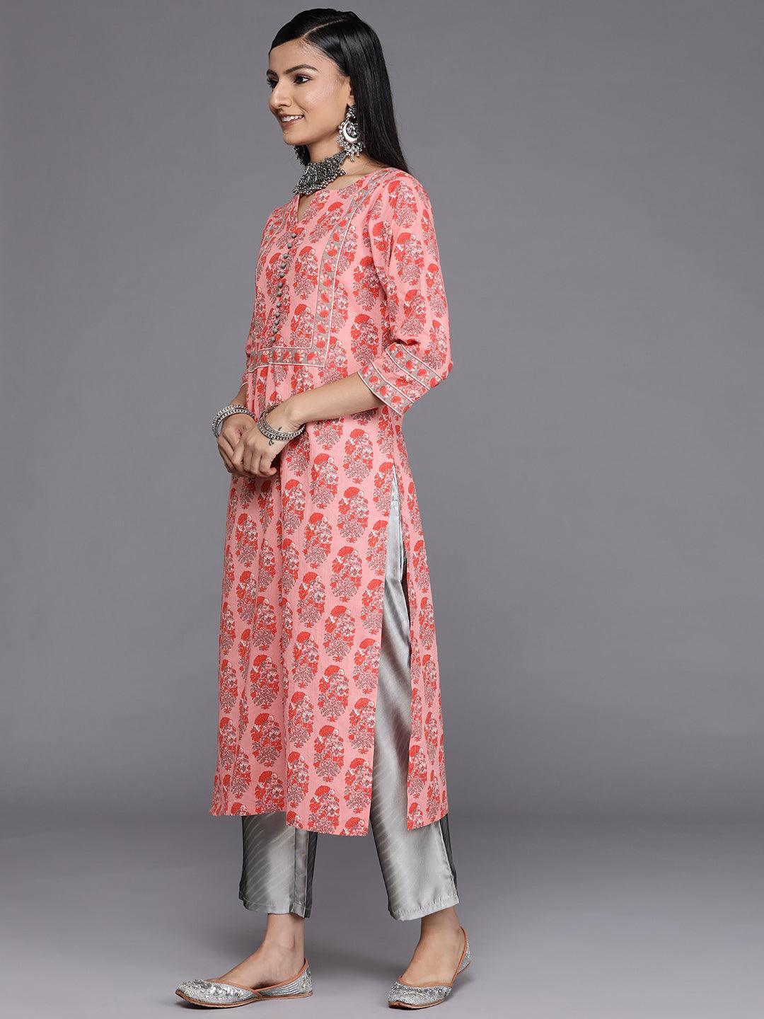 Pink Printed Cotton Straight Kurta