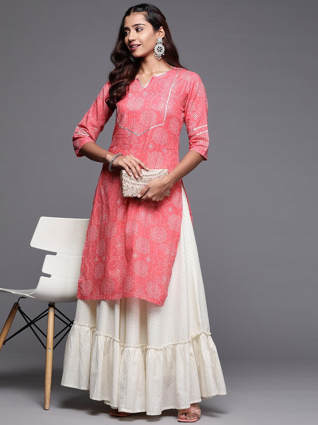 Pink Printed Cotton Straight Kurta