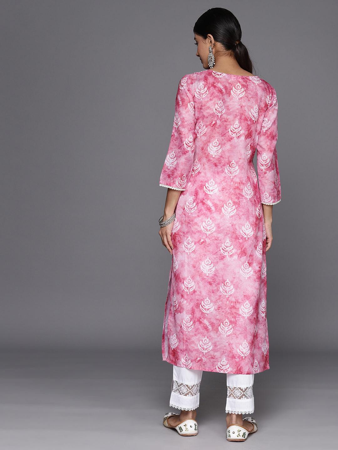 Pink Printed Cotton Straight Kurta