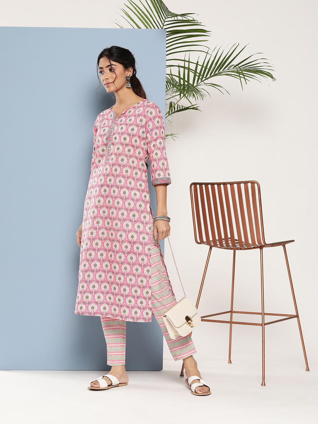 Pink Printed Cotton Straight Kurta - ShopLibas