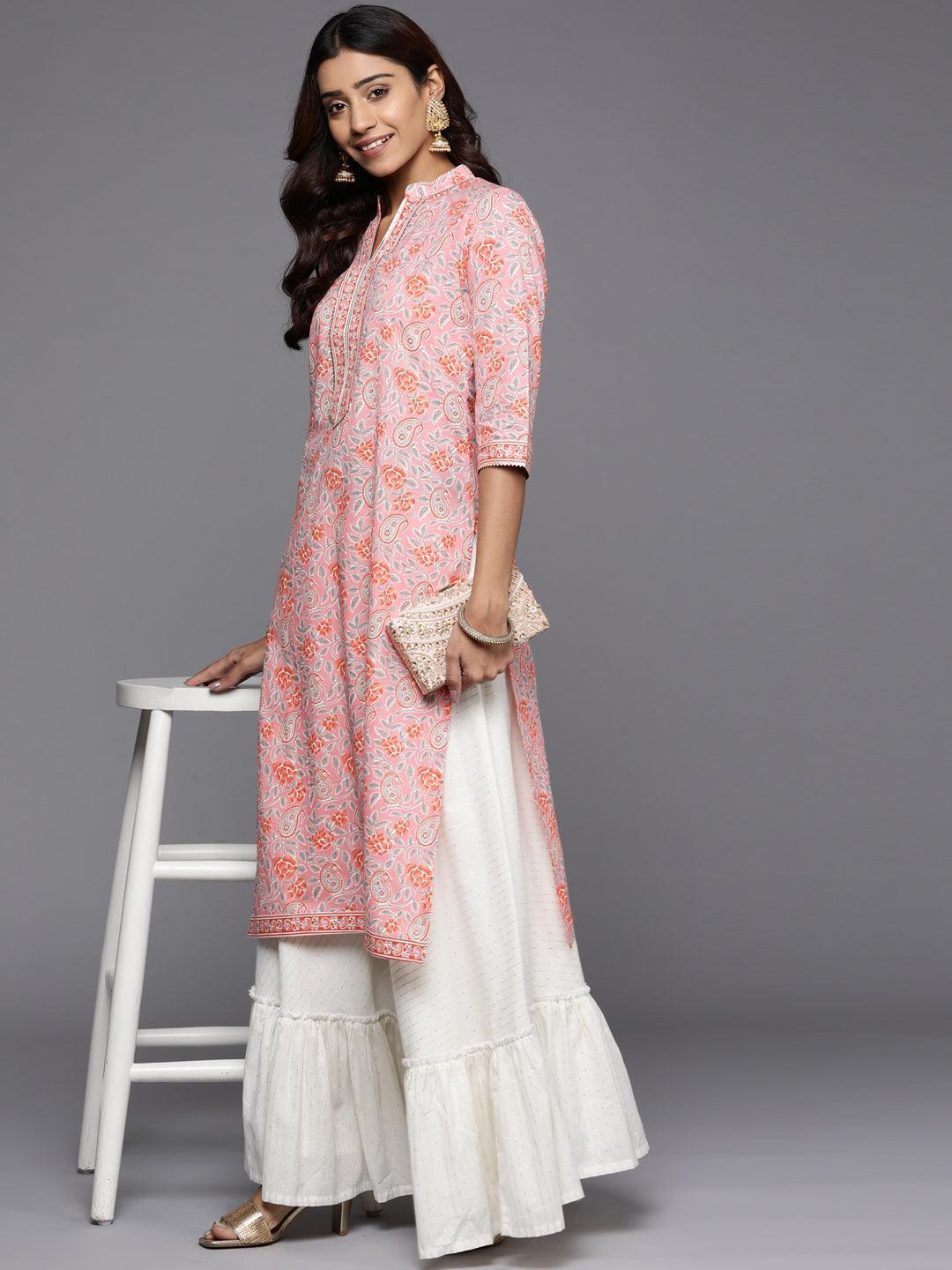 Pink Printed Cotton Straight Kurta