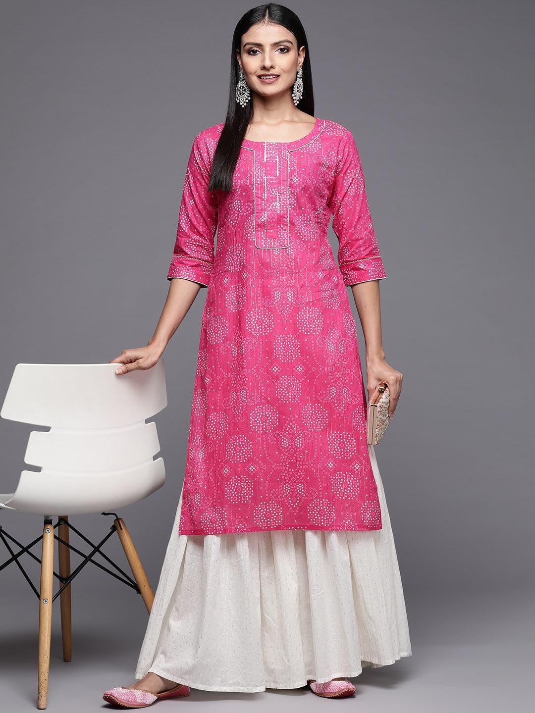 Pink Printed Cotton Straight Kurta