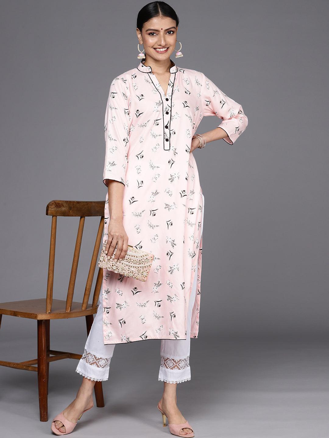 Pink Printed Cotton Straight Kurta