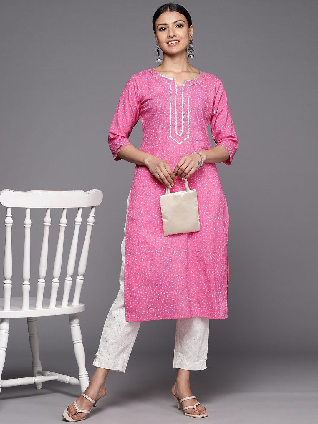 Pink Printed Cotton Straight Kurta