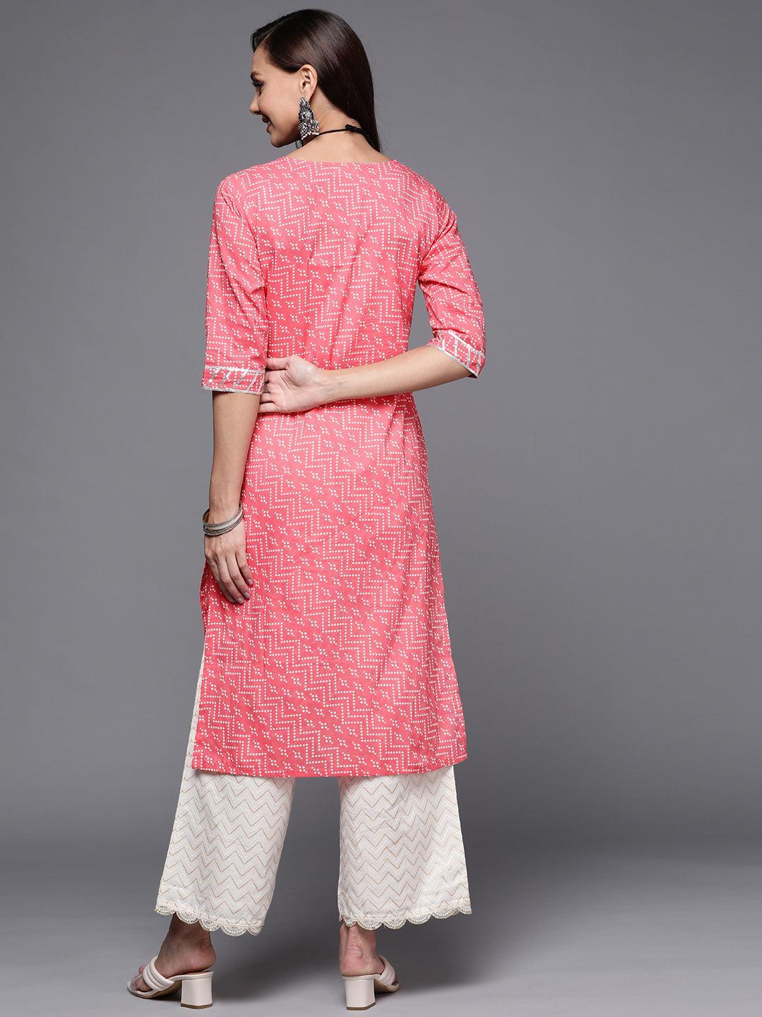 Pink Printed Cotton Straight Kurta