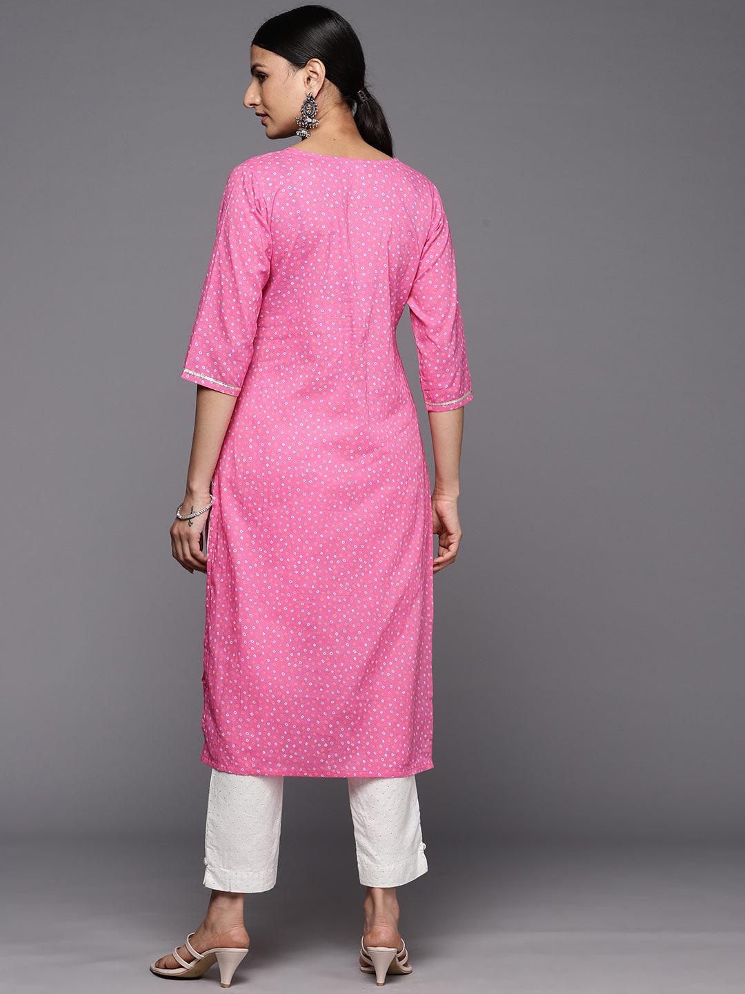 Pink Printed Cotton Straight Kurta