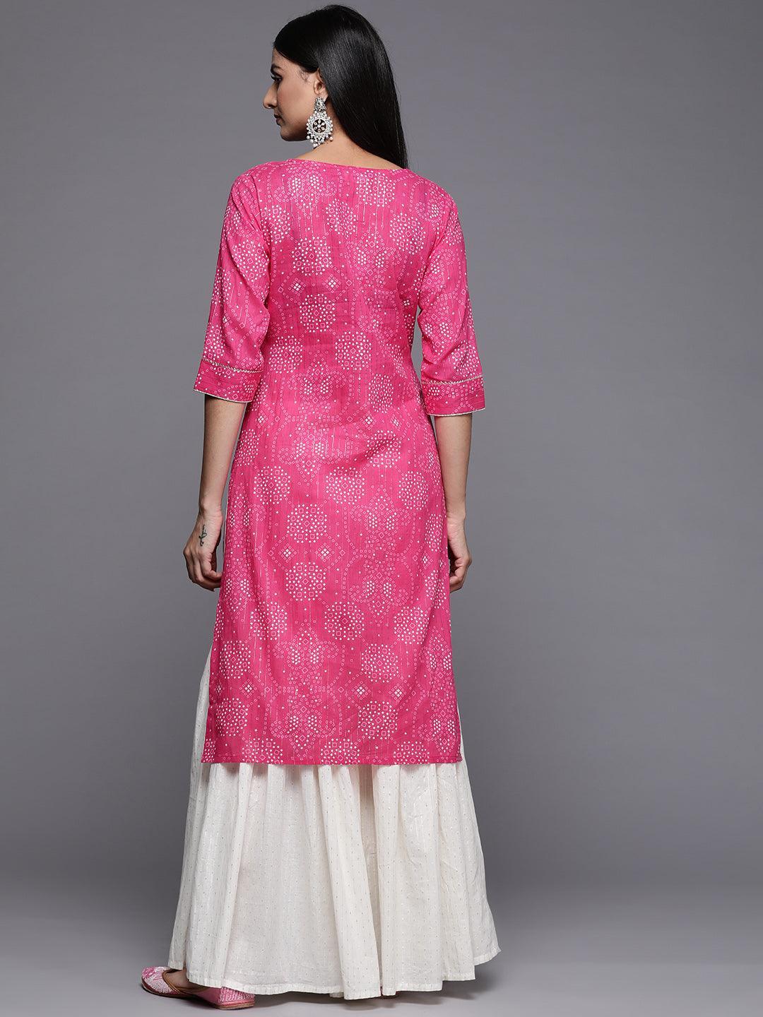 Pink Printed Cotton Straight Kurta