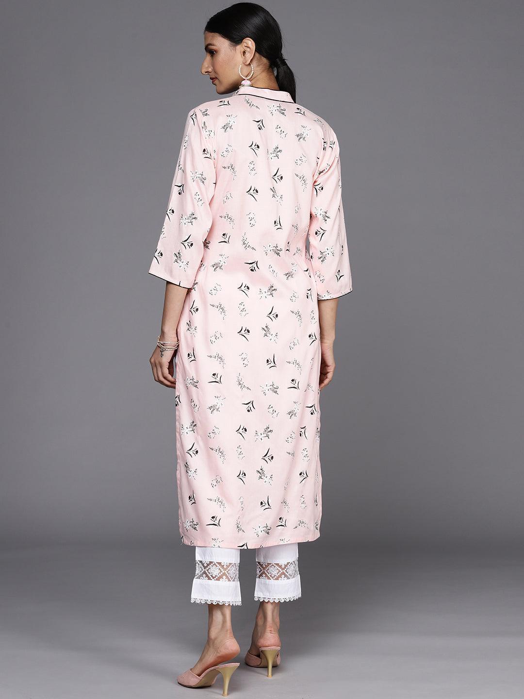 Pink Printed Cotton Straight Kurta