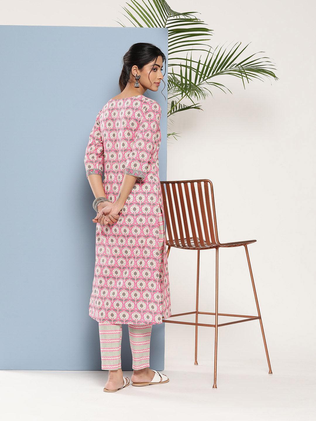 Pink Printed Cotton Straight Kurta - ShopLibas