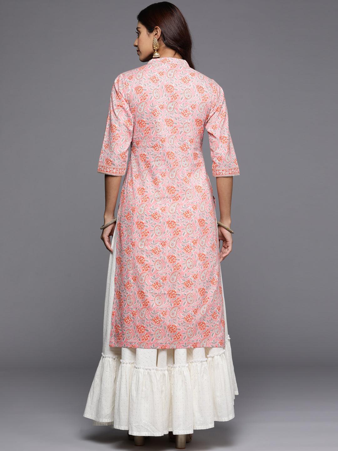 Pink Printed Cotton Straight Kurta