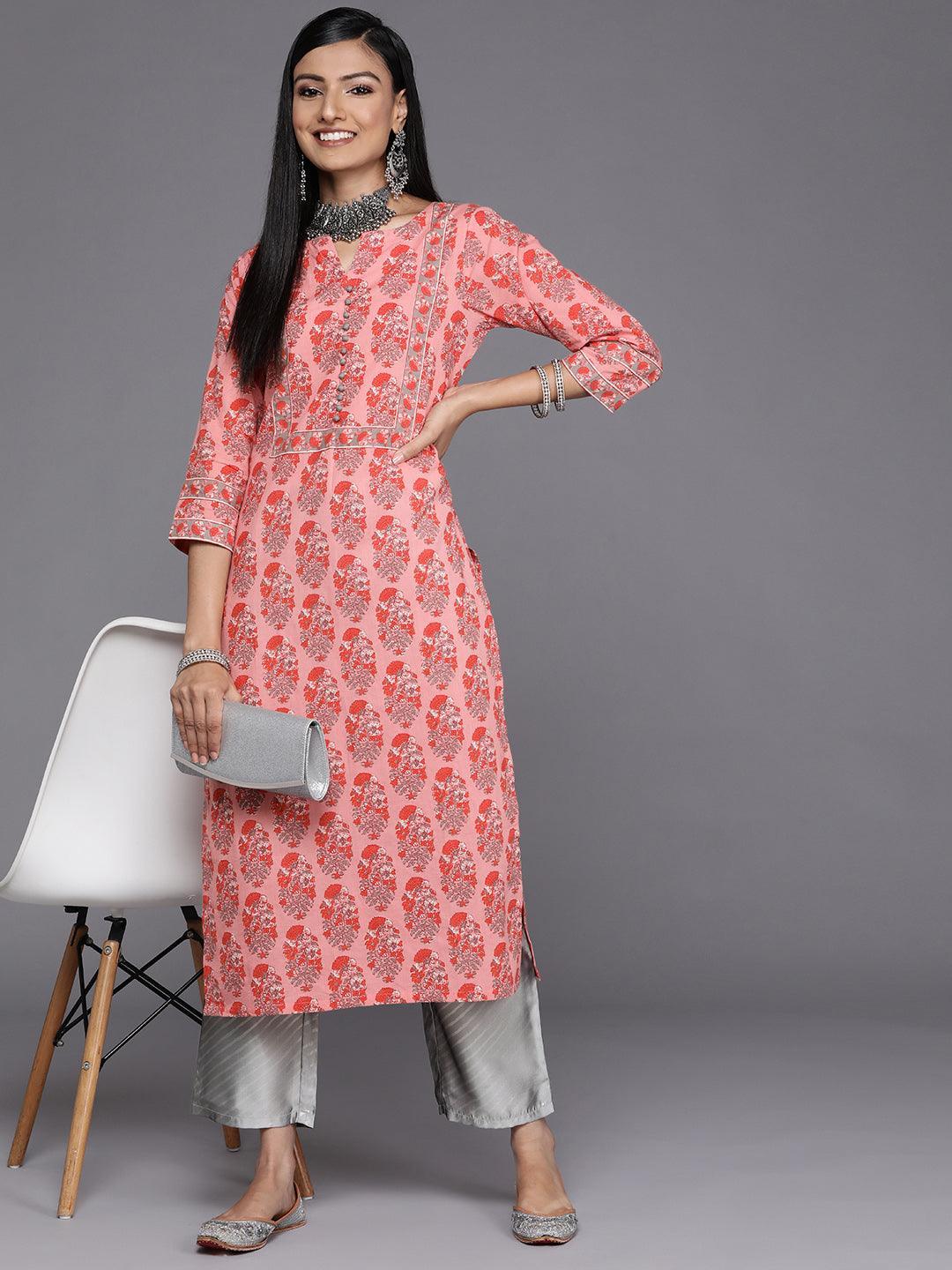 Pink Printed Cotton Straight Kurta