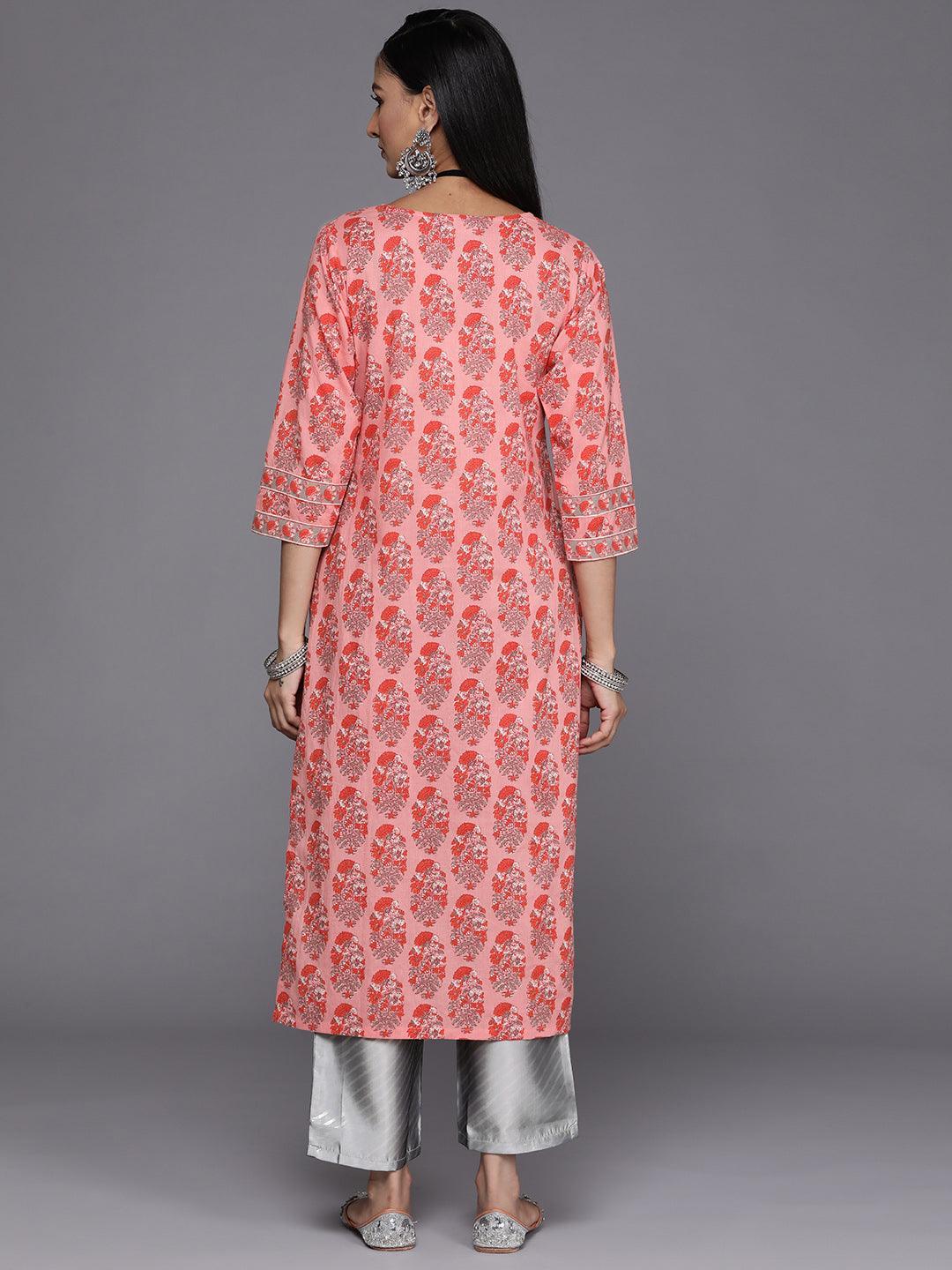 Pink Printed Cotton Straight Kurta