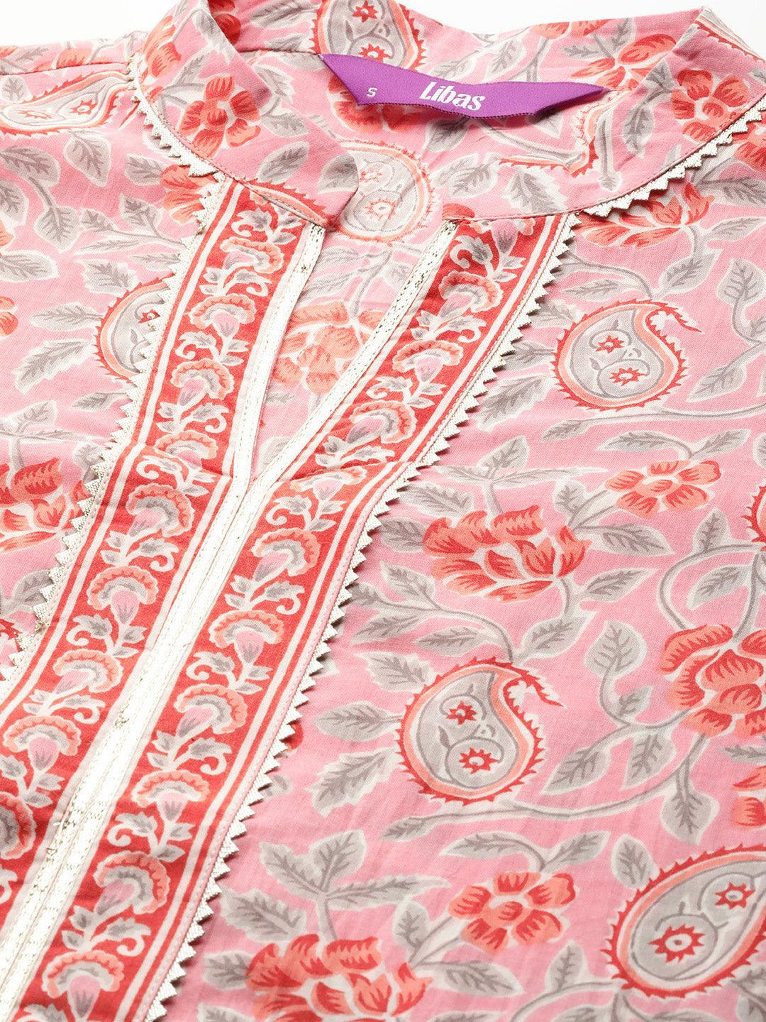 Pink Printed Cotton Straight Kurta