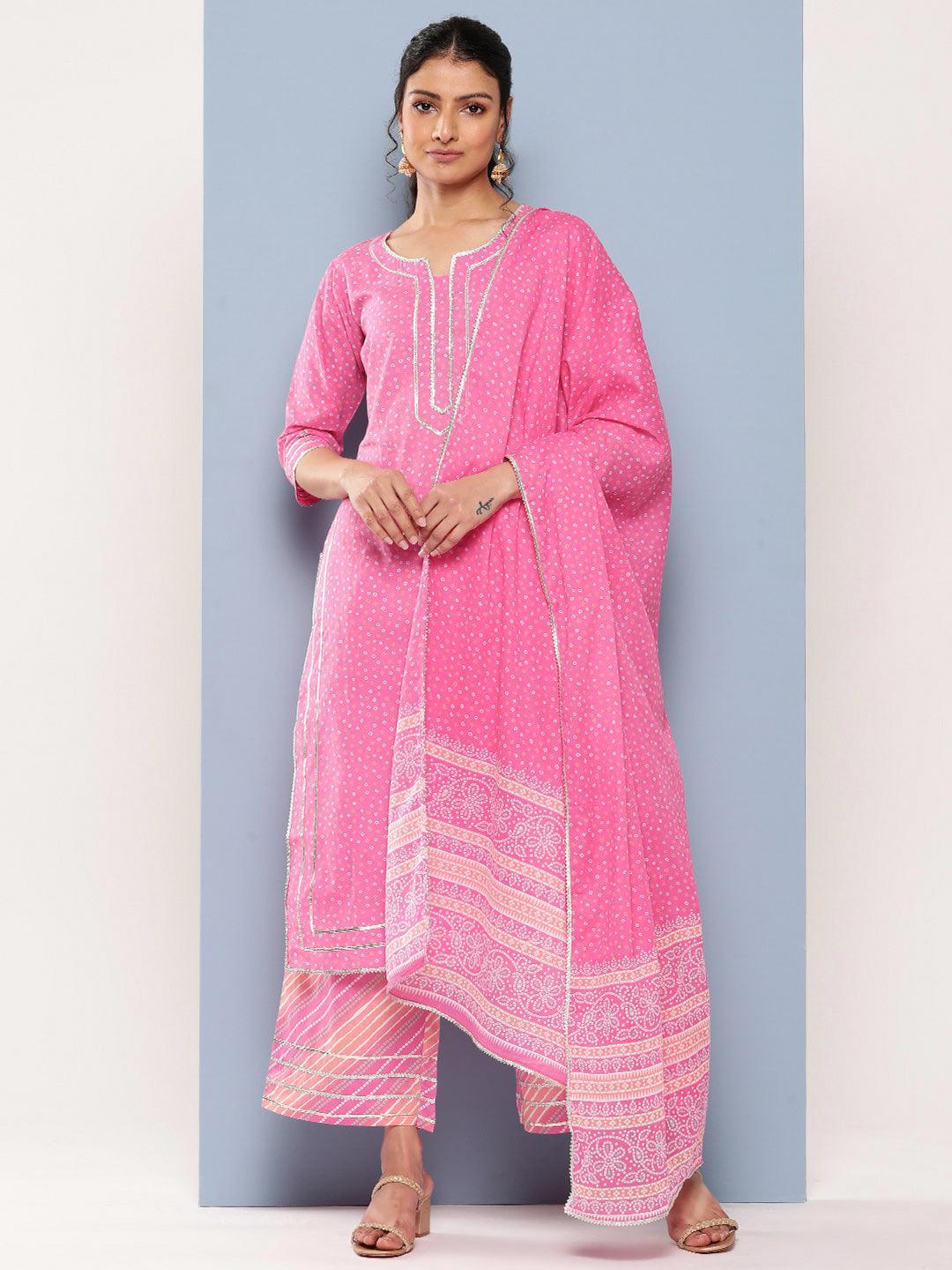 Pink Printed Cotton Straight Kurta With Palazzos & Dupatta