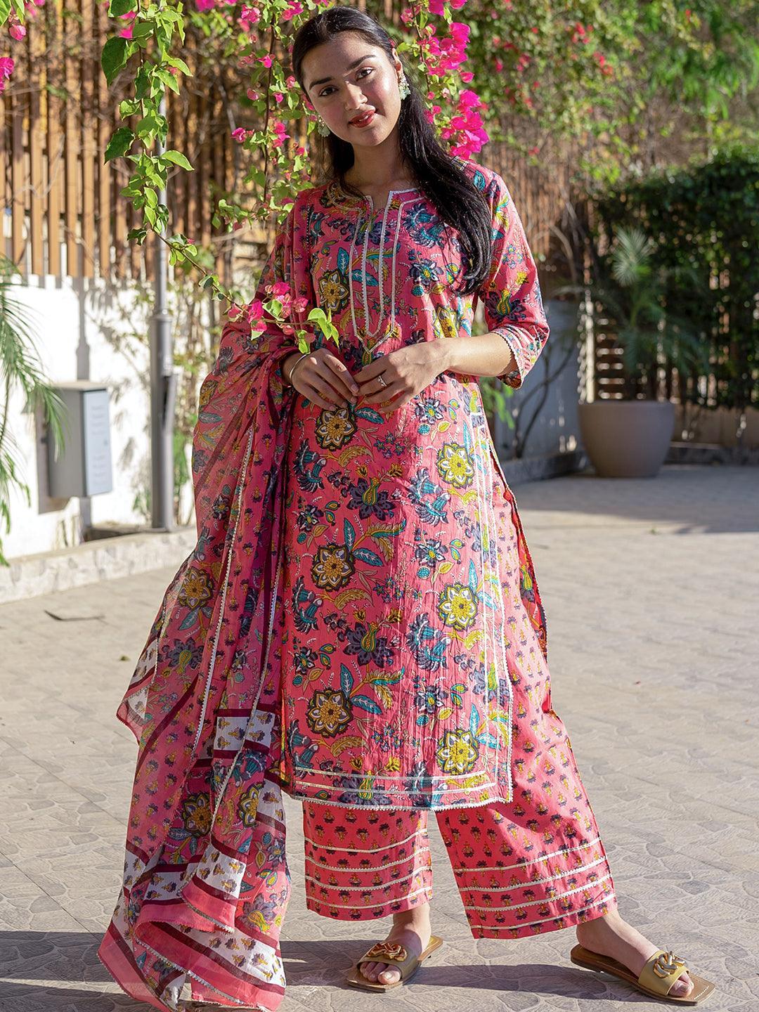 Pink Printed Cotton Straight Suit Set