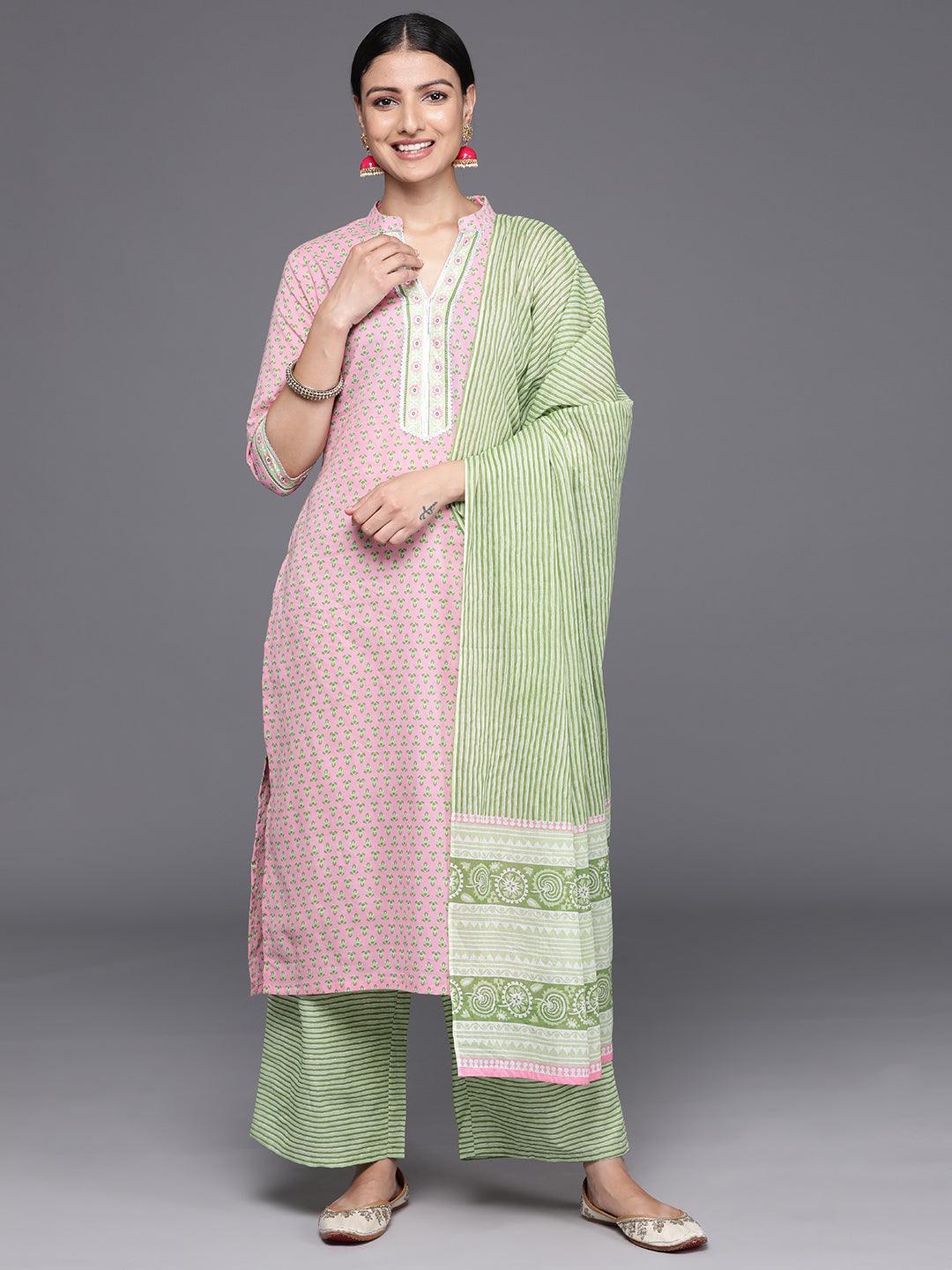 Pink Printed Cotton Straight Kurta With Palazzos & Dupatta