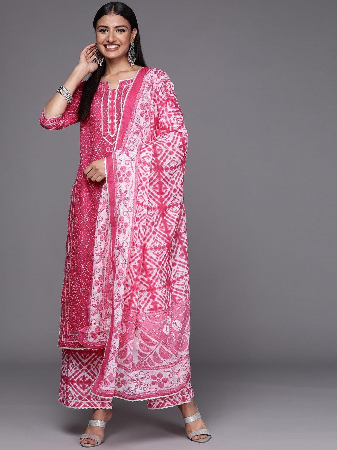 Pink Printed Cotton Straight Suit Set