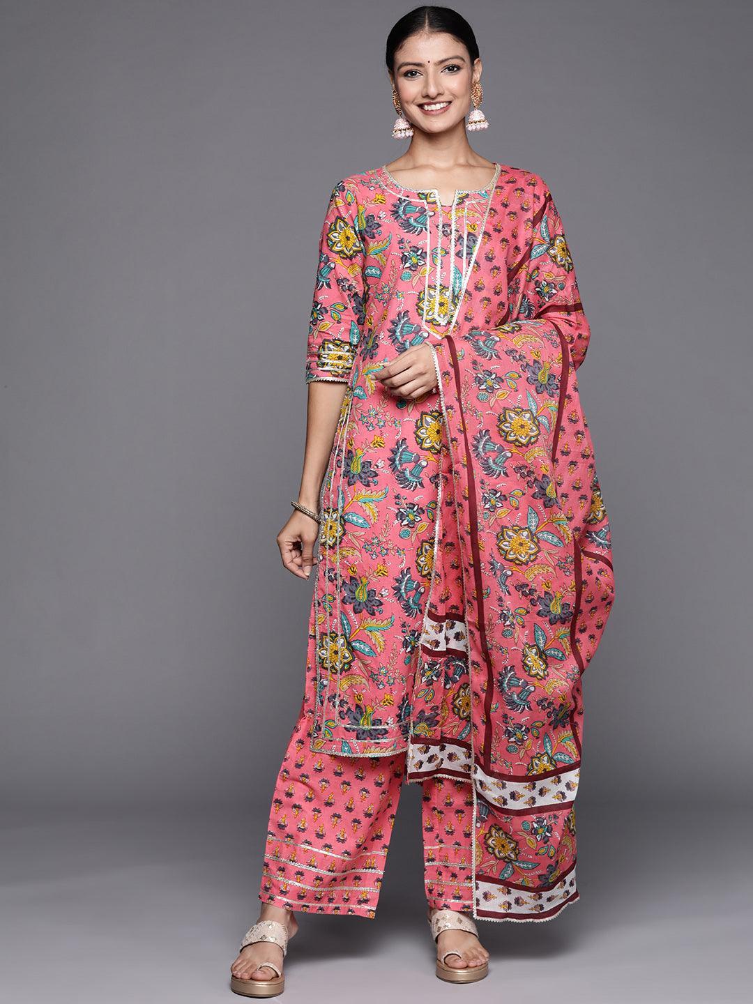 Pink Printed Cotton Straight Suit Set