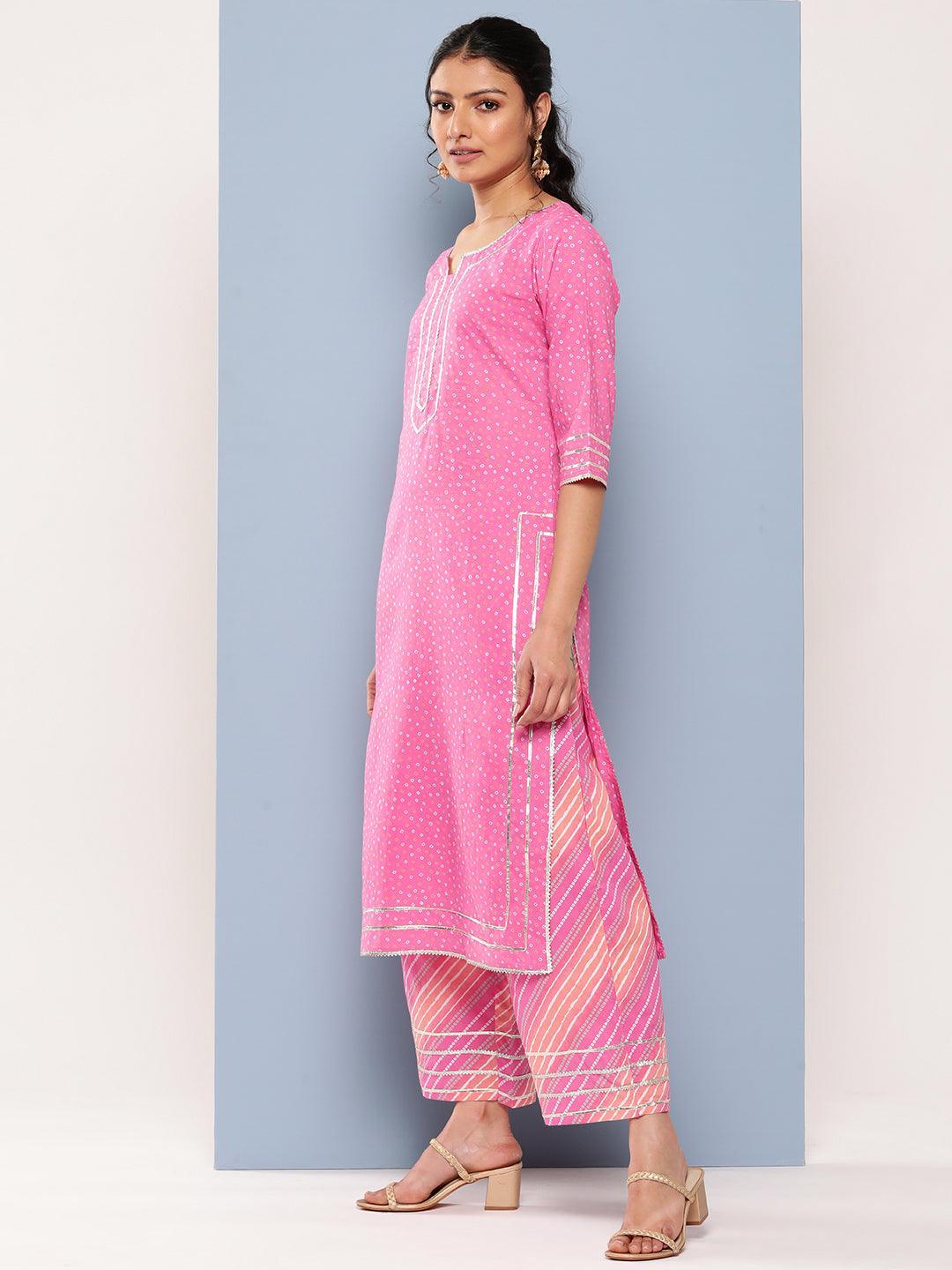 Pink Printed Cotton Straight Kurta With Palazzos & Dupatta