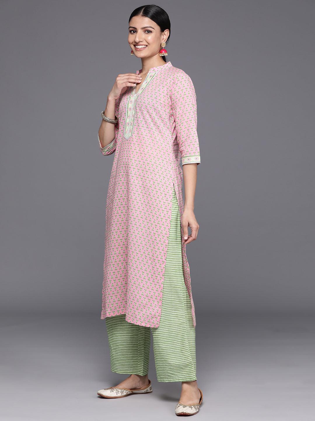 Pink Printed Cotton Straight Kurta With Palazzos & Dupatta