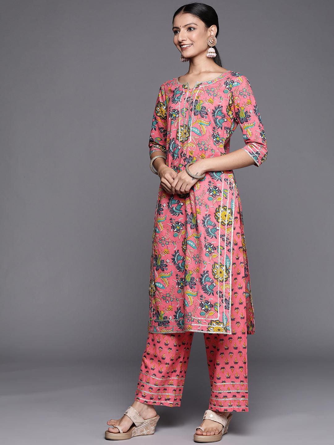 Pink Printed Cotton Straight Suit Set