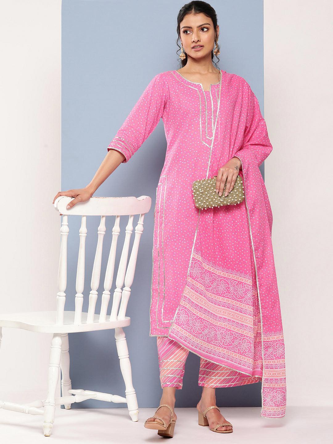 Pink Printed Cotton Straight Kurta With Palazzos & Dupatta