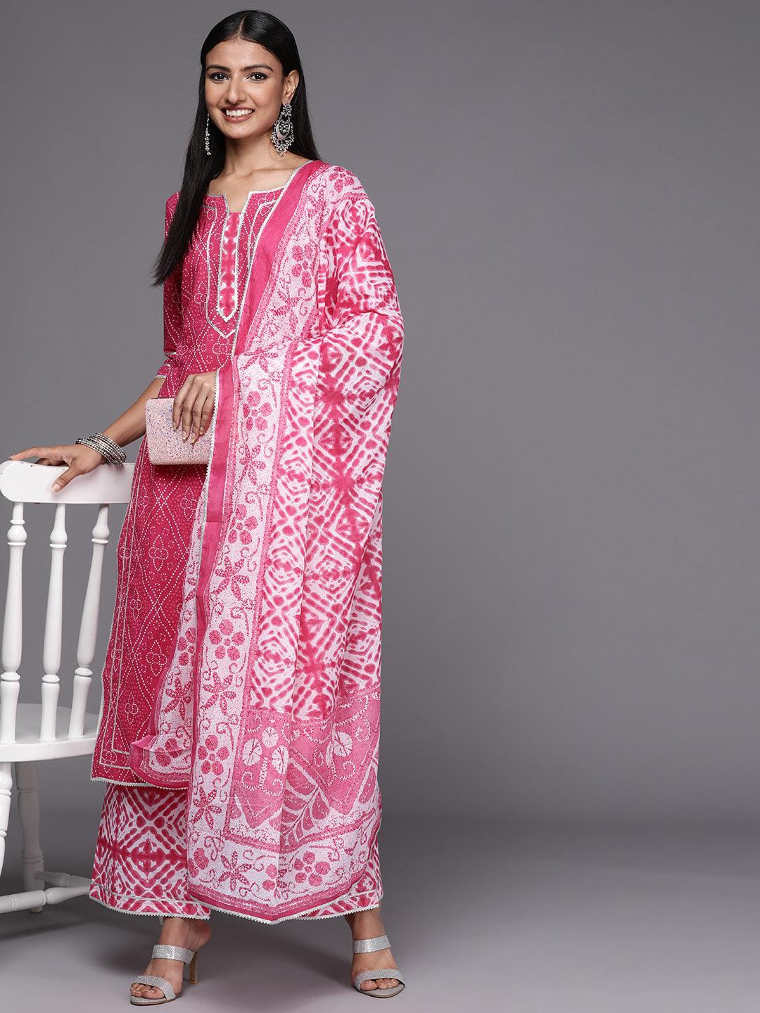 Pink Printed Cotton Straight Suit Set