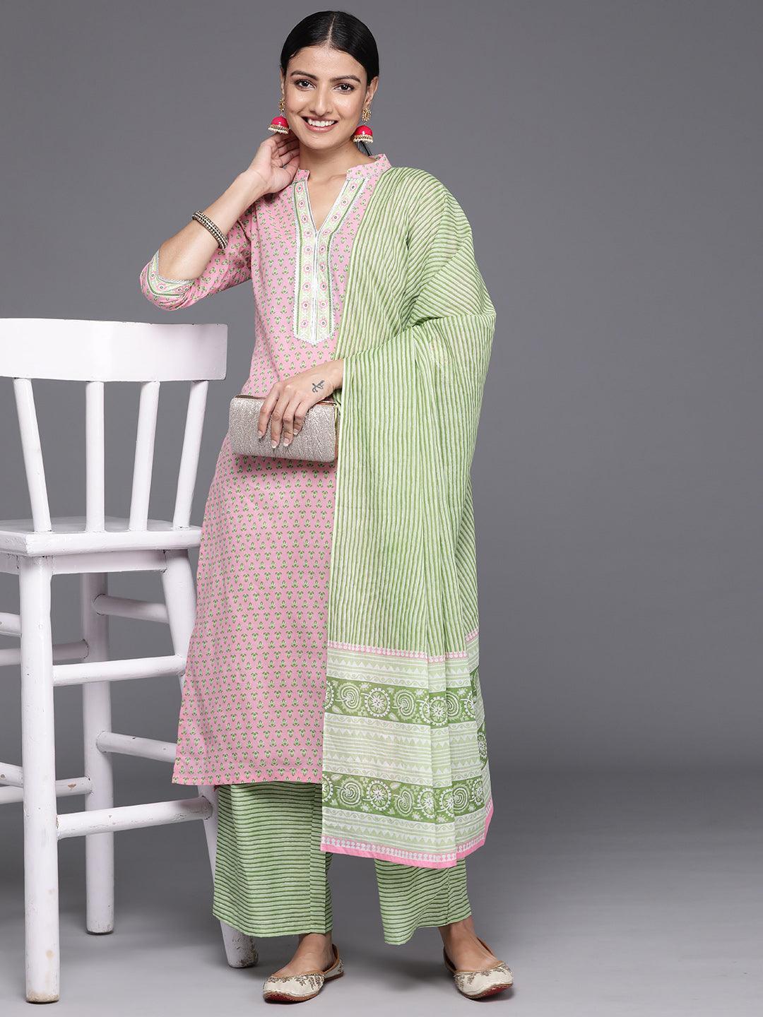 Pink Printed Cotton Straight Kurta With Palazzos & Dupatta