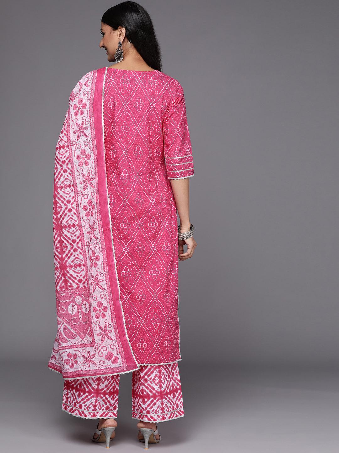 Pink Printed Cotton Straight Suit Set