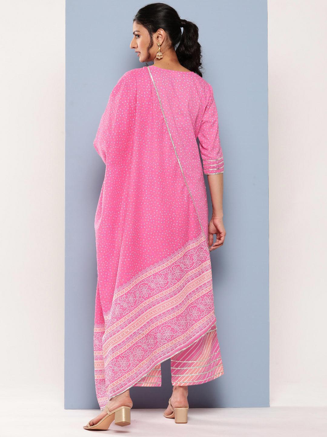 Pink Printed Cotton Straight Kurta With Palazzos & Dupatta