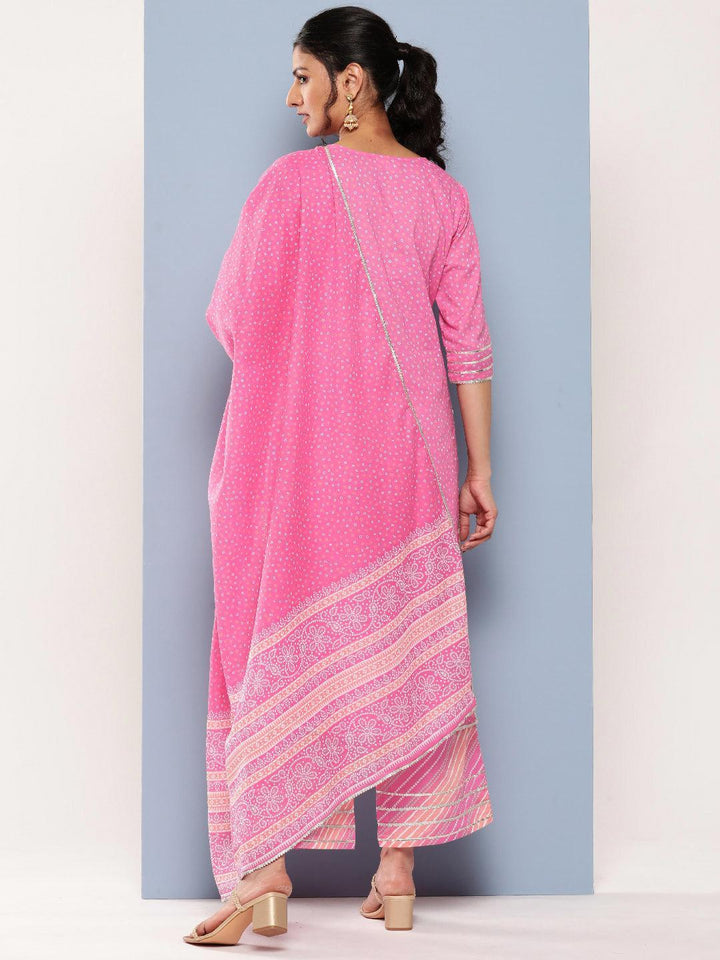 Pink Printed Cotton Straight Suit Set With Palazzos - Libas